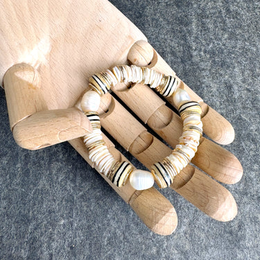 Shell, bead and faux baroque pearl heishi stretch bracelet - NextStage Vintage