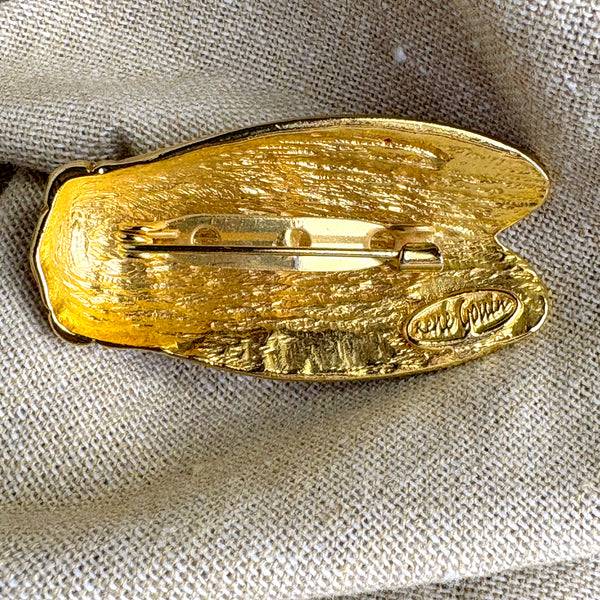 René Gouin goldtone and orange resin cicada brooch - vintage costume jewelry