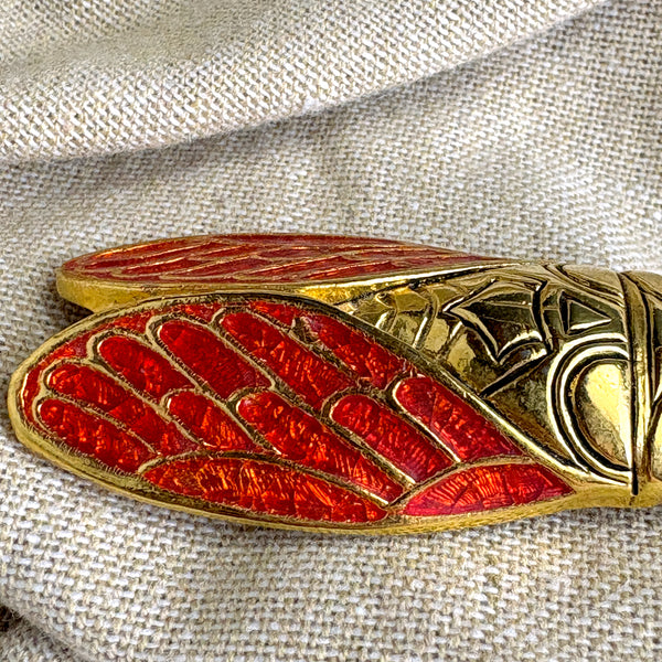 René Gouin goldtone and orange resin cicada brooch - vintage costume jewelry