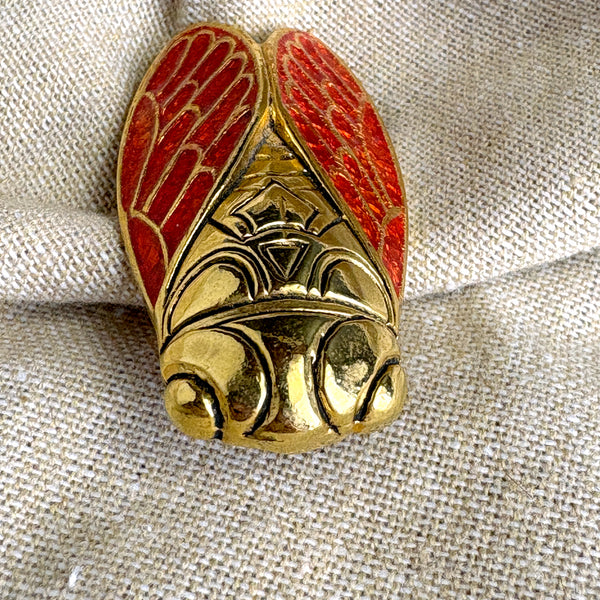 René Gouin goldtone and orange resin cicada brooch - vintage costume jewelry