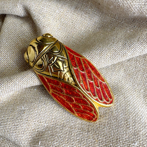 René Gouin goldtone and orange resin cicada brooch - vintage costume jewelry