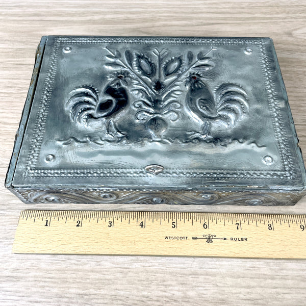 Folk art embossed tin box with roosters -1960s vintage - NextStage Vintage