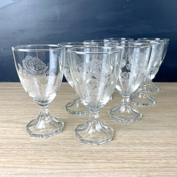 Water goblets with etched roses - set of 8 - mid century stemware - NextStage Vintage