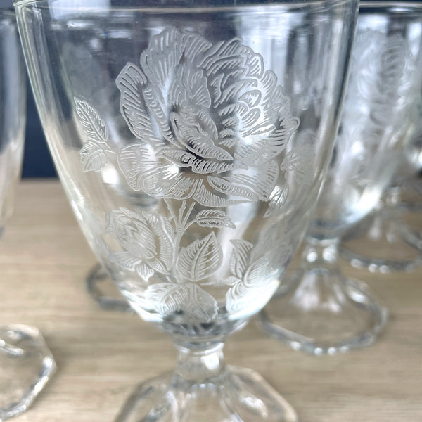 Water goblets with etched roses - set of 8 - mid century stemware - NextStage Vintage