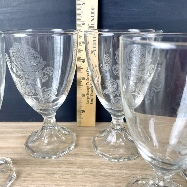 Water goblets with etched roses - set of 8 - mid century stemware - NextStage Vintage