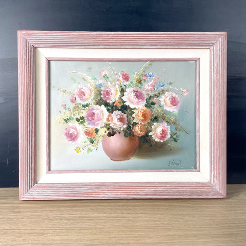 Still life painting of roses in a rosy pink frame - 1980s vintage - NextStage Vintage