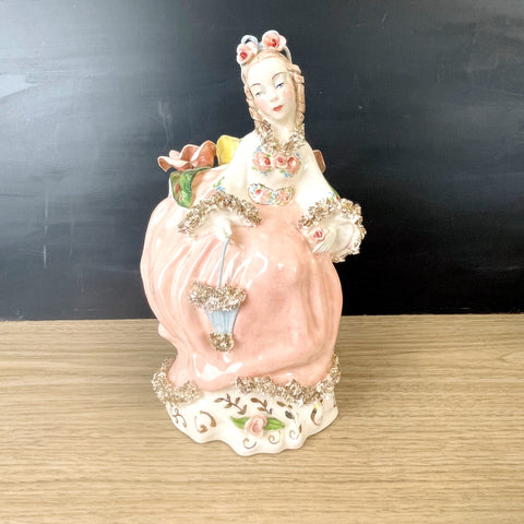 Regency romantic woman figurine with flowers - vintage statuette