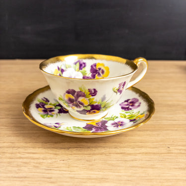 Royal Chelsea Footed Cup and Saucer Pansies Bone China England #4219A