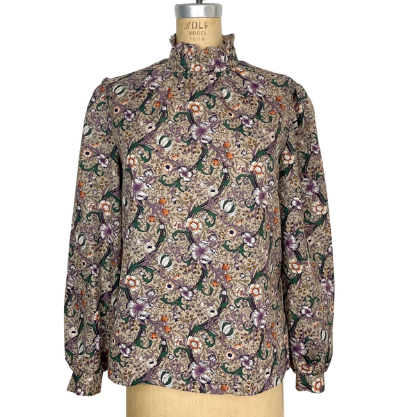 Vintage 1980s Rrrruss dark floral lily print blouse – high ruffled collar, puff sleeves – M–L - NextStage Vintage