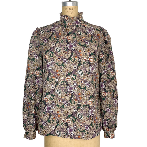 Vintage 1980s Rrrruss dark floral lily print blouse – high ruffled collar, puff sleeves – M–L - NextStage Vintage