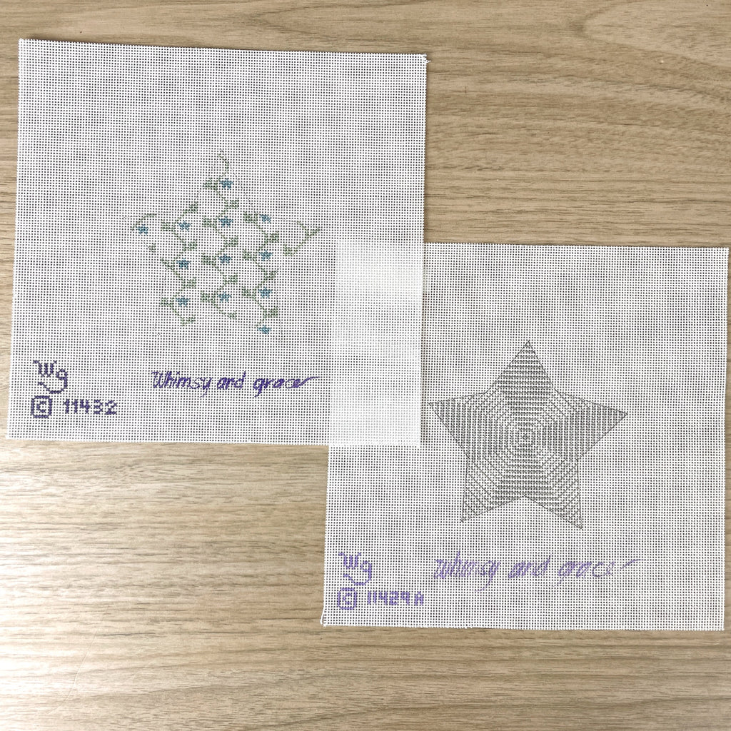 Whimsy and Grace ornament needlepoint canvases - Sabrina's Star and Lyrics Star - NextStage Vintage