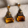 Sadie Green topaz glass dangle earrings - brass tone scroll heart design - post pierced - NextStage Vintage