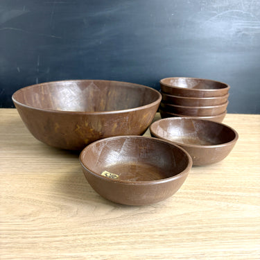Vintage faux wood salad bowl set by Saladtime Inc -  1960s tableware - NextStage Vintage