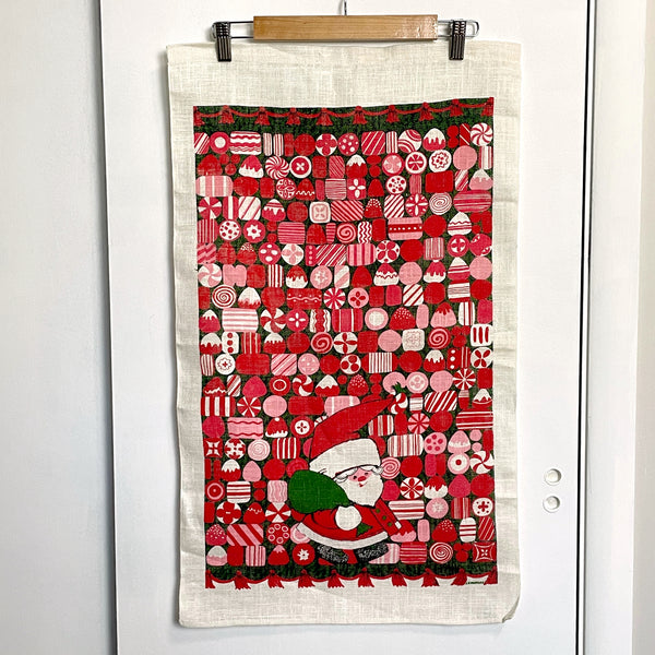 Santa and candy Lemanska tea towel - 1960s vintage