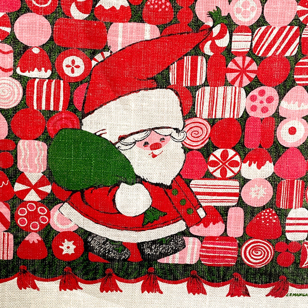 Santa and candy Lemanska tea towel - 1960s vintage