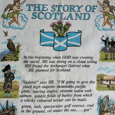 Vintage Story of Scotland Souvenir Tea Towel - Glen Appin - Edinburgh Castle Bagpiper Highland Cow Whisky Golf - UK Made