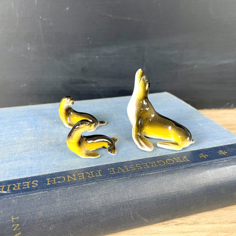 Miniature sea lion family of 3 - vintage bone china - NextStage Vintage