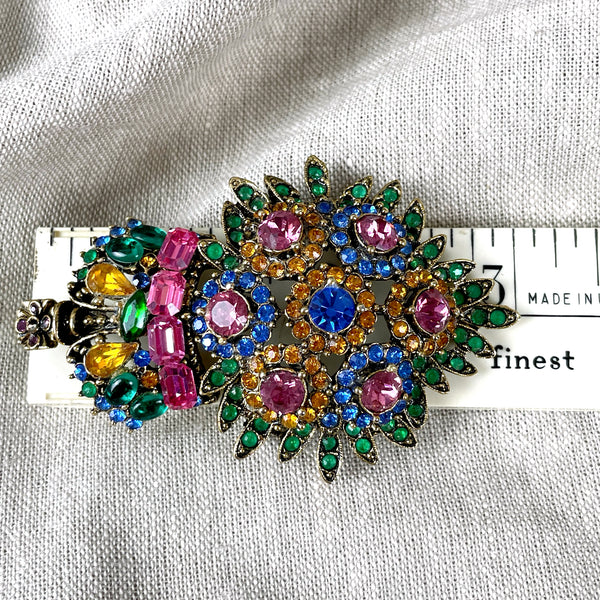 Oversized multicolor R. Serbin shield & crown brooch - vintage costume jewelry