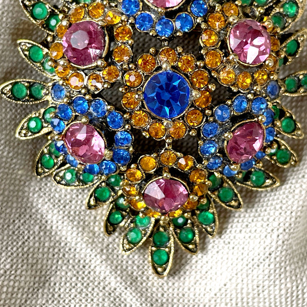 Oversized multicolor R. Serbin shield & crown brooch - vintage costume jewelry