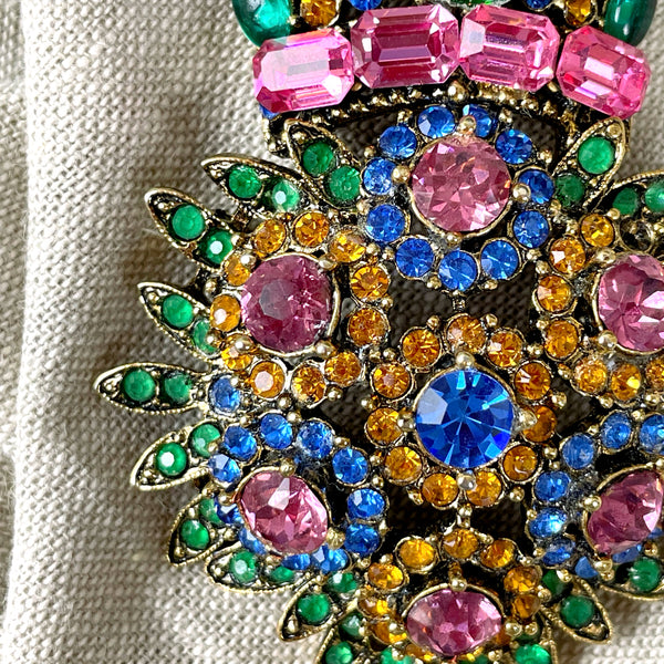 Oversized multicolor R. Serbin shield & crown brooch - vintage costume jewelry