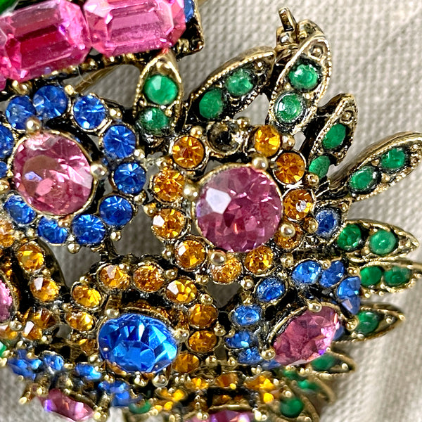 Oversized multicolor R. Serbin shield & crown brooch - vintage costume jewelry