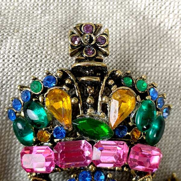 Oversized multicolor R. Serbin shield & crown brooch - vintage costume jewelry