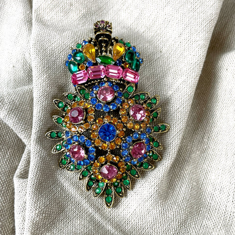 Oversized multicolor R. Serbin shield & crown brooch - vintage costume jewelry