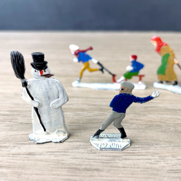 Heinrichsen flat lead snowman and sled figures - vintage 1930s Germany miniatures - NextStage Vintage