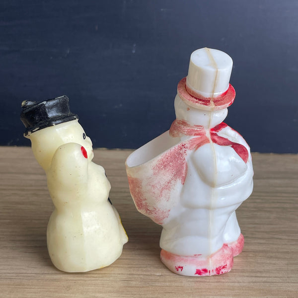 Gurley candle and Rosbro Irwin plastic snowmen - 1950s Christmas collectibles