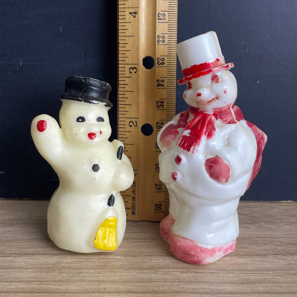 Gurley candle and Rosbro Irwin plastic snowmen - 1950s Christmas collectibles