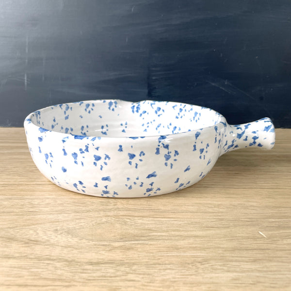 Blue spongeware pottery casserole with pour spout - Bybee? - NextStage Vintage