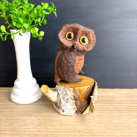 Carved owl on a birch log - 1990s vintage bird decor