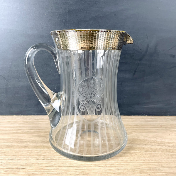 Striped floral pitcher with hammered silver overlay rim - 1920s vintage - NextStage Vintage