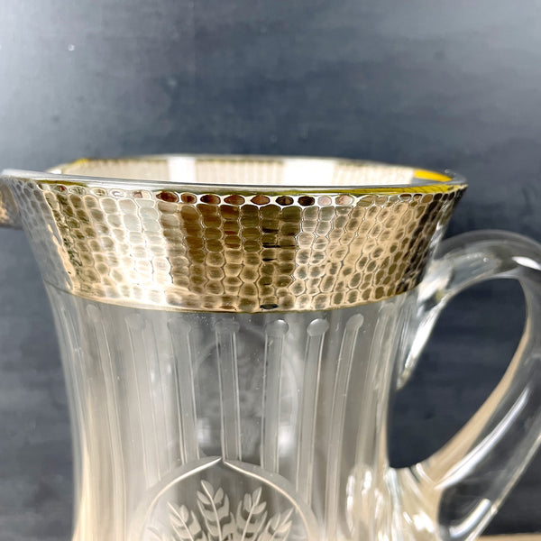 Striped floral pitcher with hammered silver overlay rim - 1920s vintage - NextStage Vintage