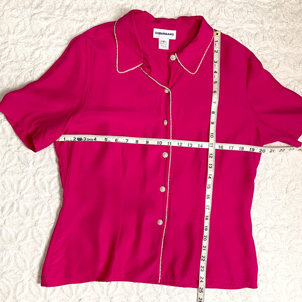 1980s fuchsia and white short sleeve blouse - size 12 - NextStage Vintage
