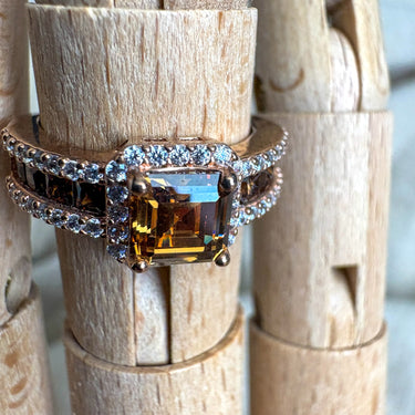 Suzy Levian Ring Brown Emerald Cut CZ Halo Rose Tone Sterling Silver Size 6.5