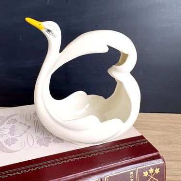 Vintage Eyelash Swan Trinket Dish, Mid Century White Porcelain Ring Holder Vanity Decor