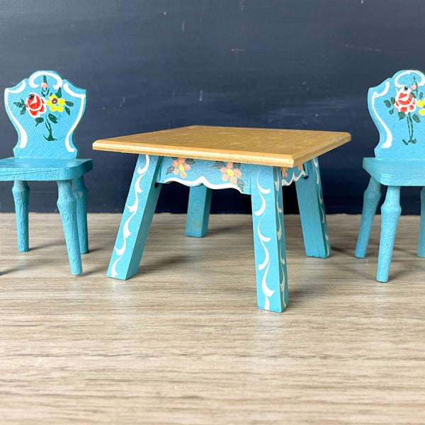 Miniature German dollhouse hand painted blue table and chairs - 1960s vintage - NextStage Vintage