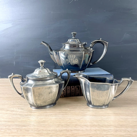 Wallace Bros. silverplate M monogram silverplate teapot, cream and sugar #V579