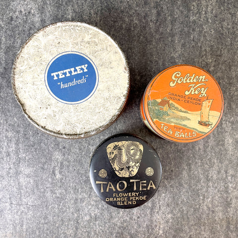 Tetley hundreds, Golden Key tea balls and Tao Tea vintage tea tins