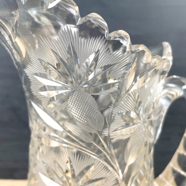 Cut and pressed glass pitcher with thistles - vintage crystal pitcher - NextStage Vintage