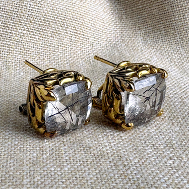 Tourmalated quartz post pierced earrings - gold vermeil setting - NextStage Vintage