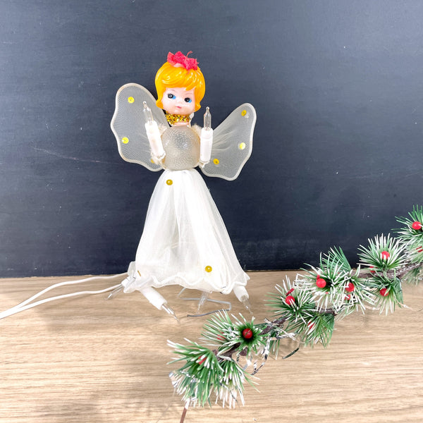 Dime store treetop lighted angel plastic and nylon netting 1960s