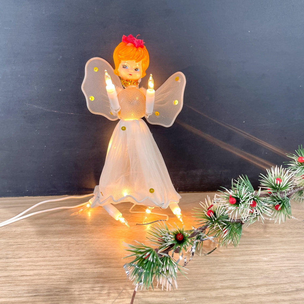 Dime store treetop lighted angel plastic and nylon netting 1960s