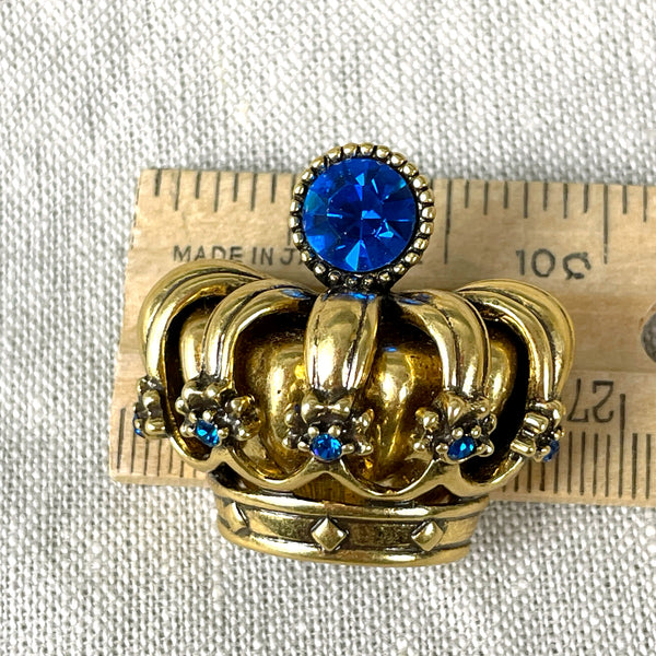 Trifari gold and royal blue crown brooch - 1990s vintage