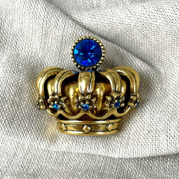 Trifari gold and royal blue crown brooch - 1990s vintage