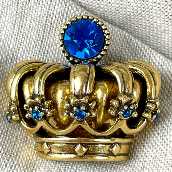 Trifari gold and royal blue crown brooch - 1990s vintage