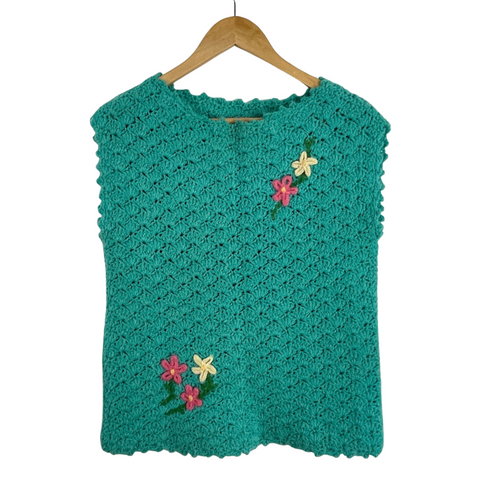 1970s hand crocheted wool vest – turquoise with floral embroidery – size M