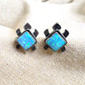 Turtle stud post pierced earrings - sterling and lab-created blue fire opal - NextStage Vintage