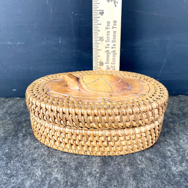 Rattan woven turtle woven trinket box - 1970s vintage